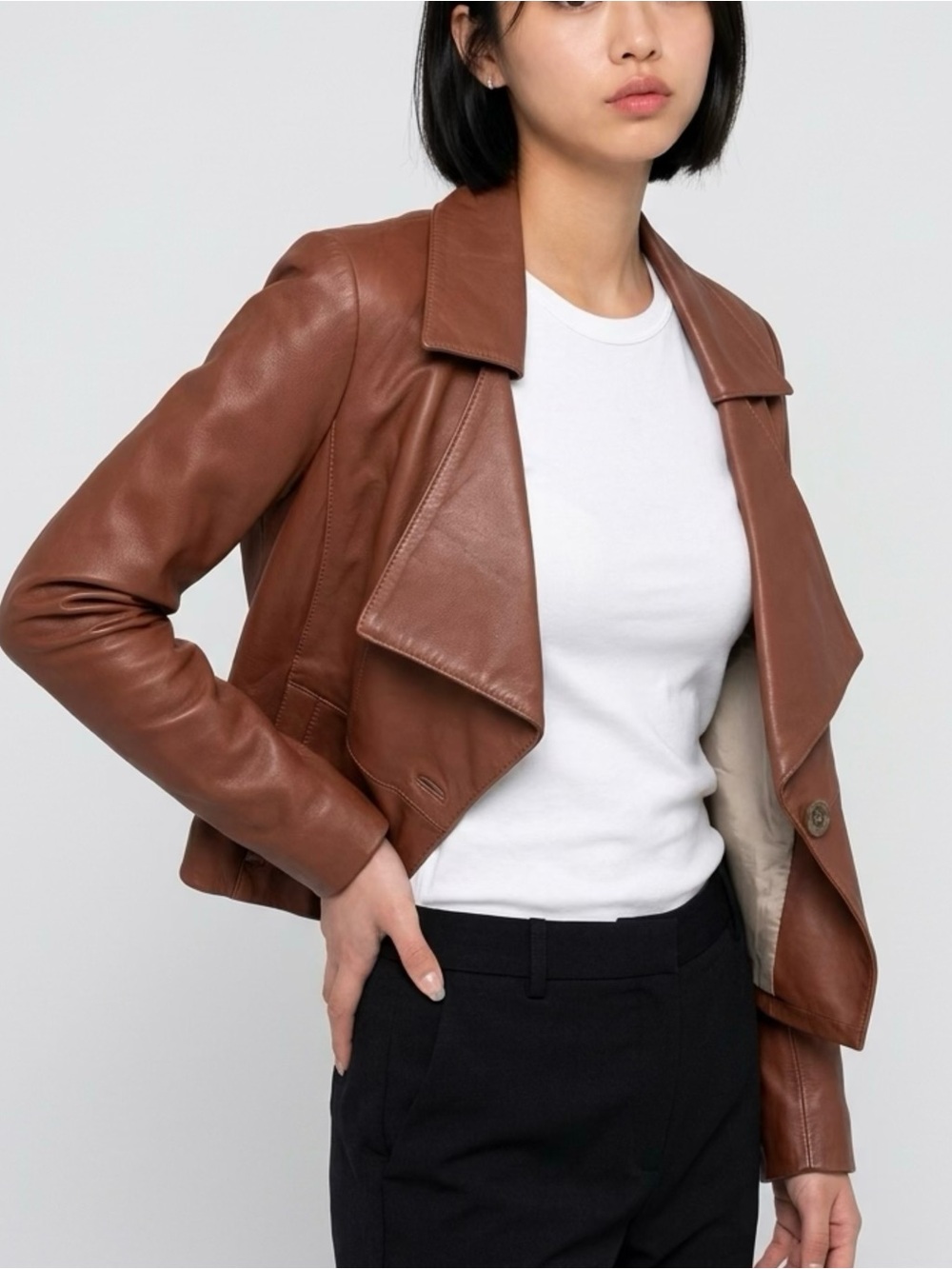Andrew Marc Women’s Brown Leather Draped Collar Jacket